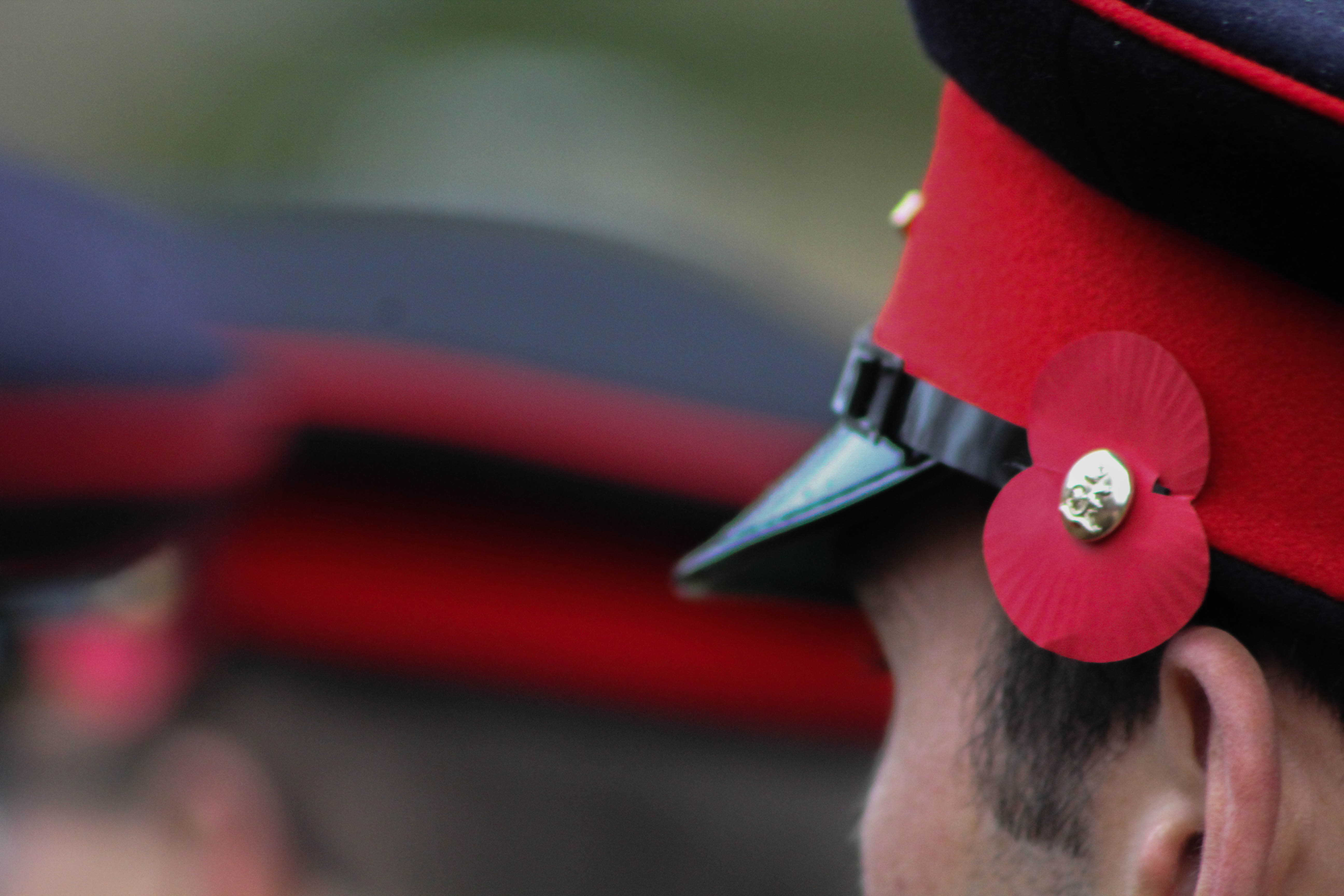 Man wearing an armed forces hat with a poppy on it