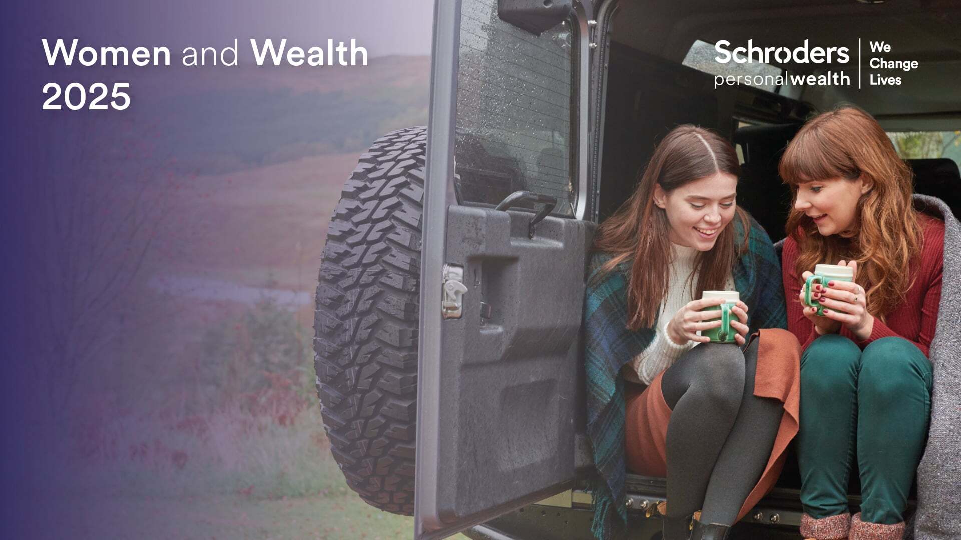 Front cover image of two women sitting in a truck having a hot drink with webinar title 'Women and Wealth 2025'